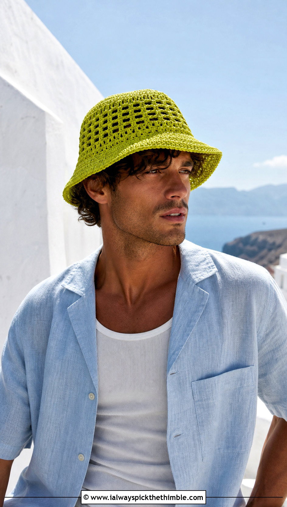 Mesh Crochet Bucket Hat With Linen Shirt - 15 Unique Crochet Men Hat outfit ideas