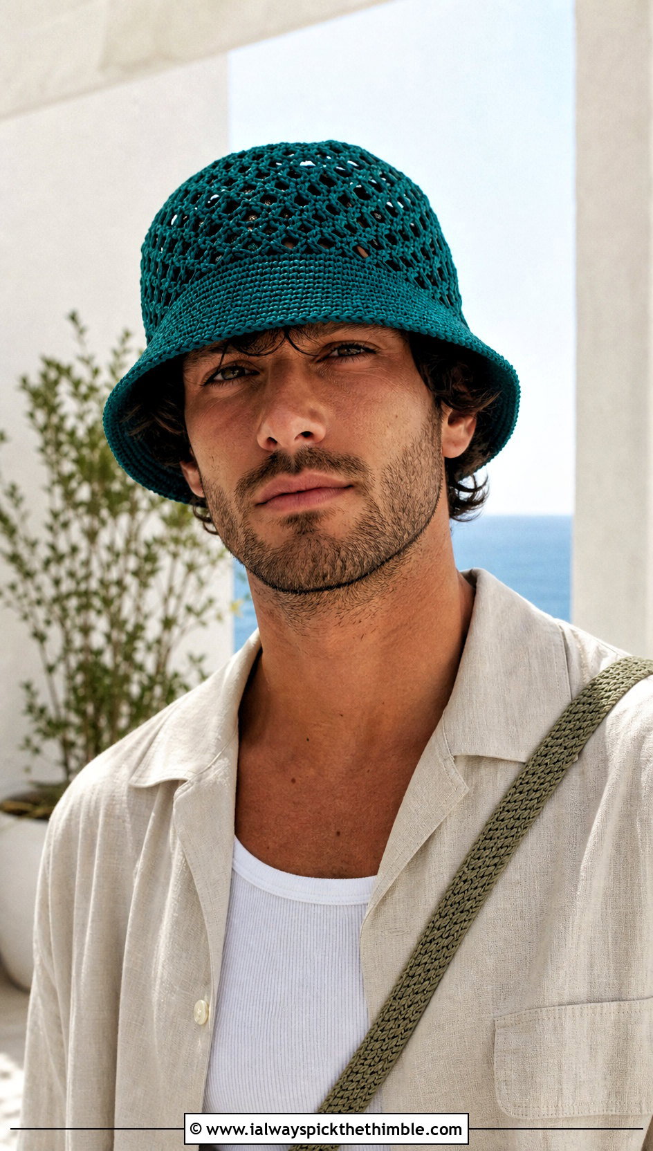 Mesh Crochet Bucket Hat With Resort Shirt - 25 crochet hats for men outfit ideas