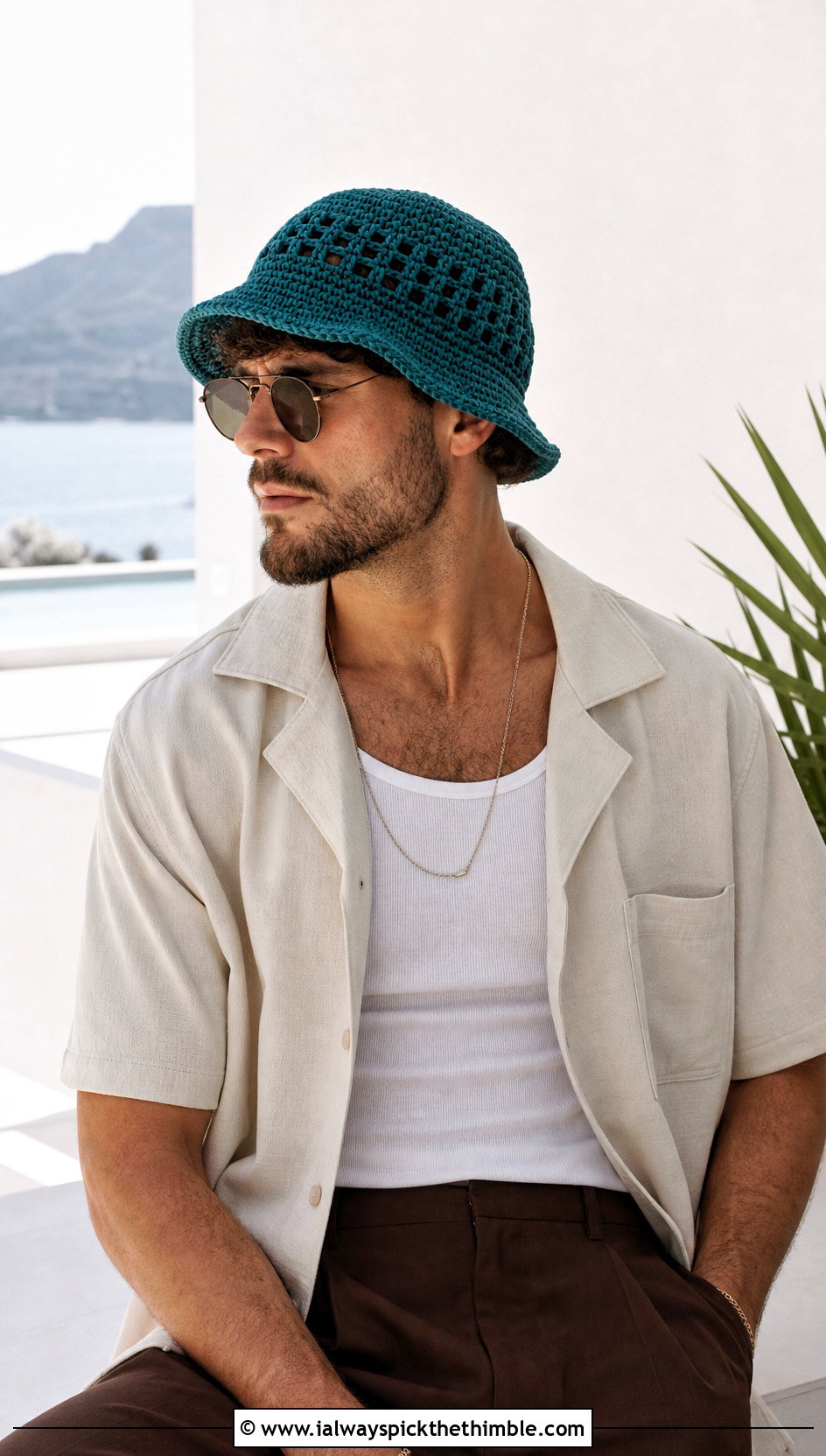 Mesh Crochet Bucket Hat With Resort Shirt - 15 Crochet Men's Hats outfit ideas