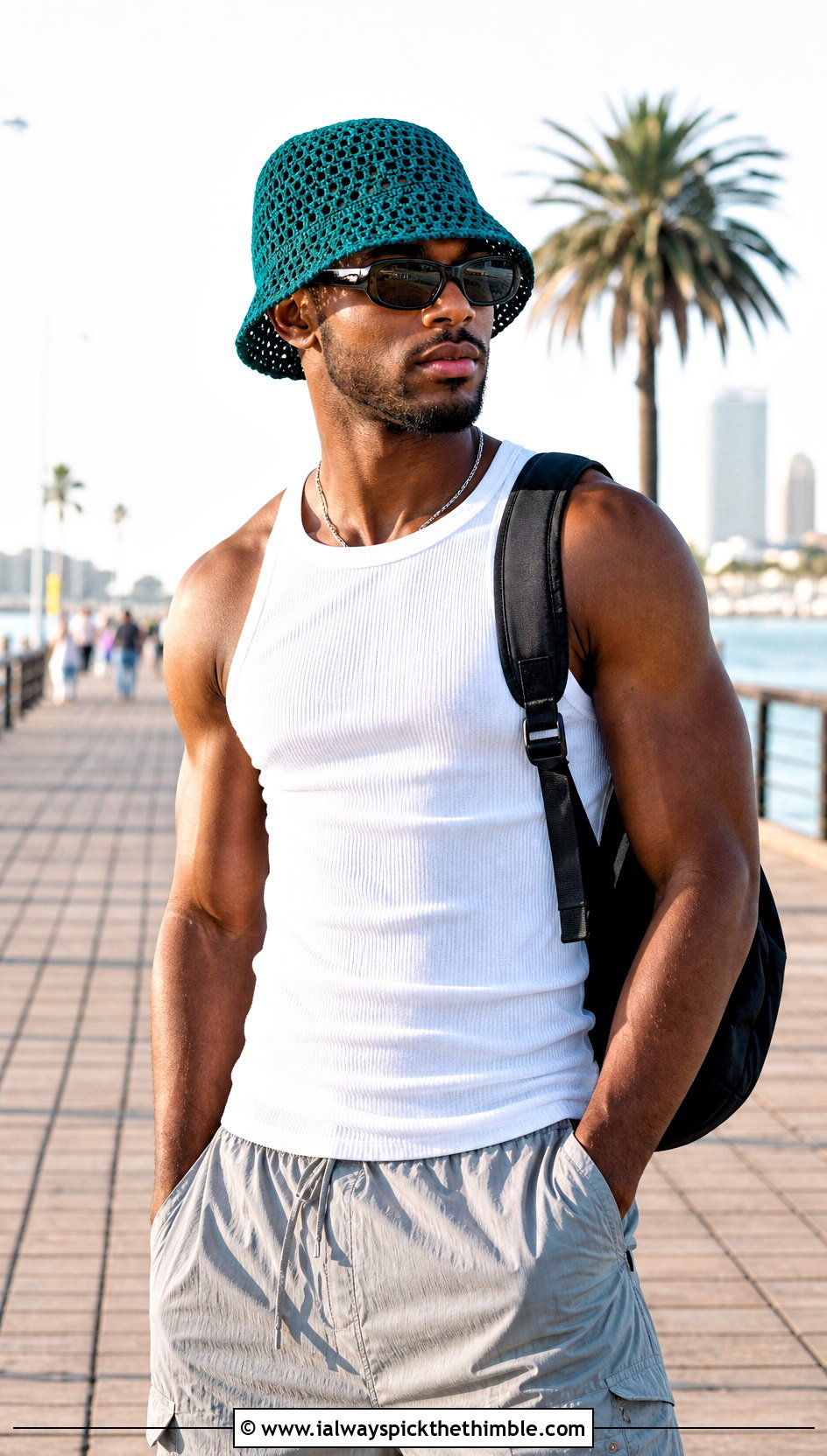 Mesh Crochet Bucket Hat With Tank Top And Cargo Shorts - 20 men's crochet hats outfit ideas