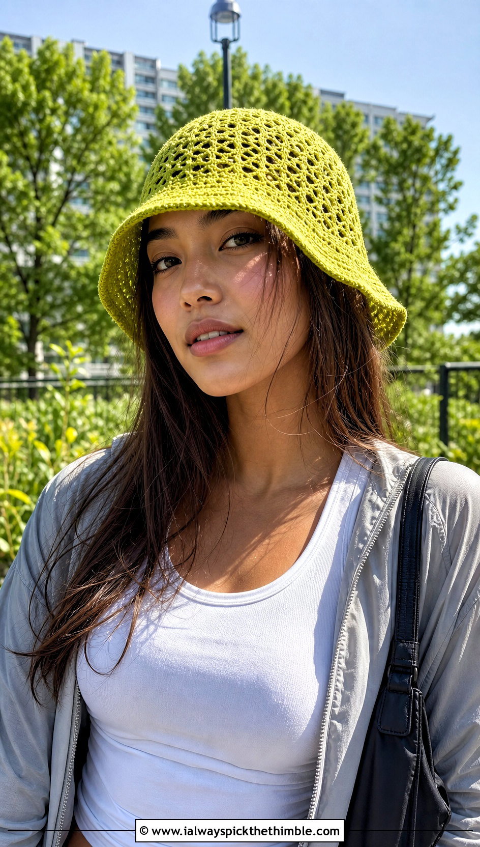 Mesh Crochet Bucket Hat With Tank Top And Parachute Pants - 25 cute crochet hat ideas