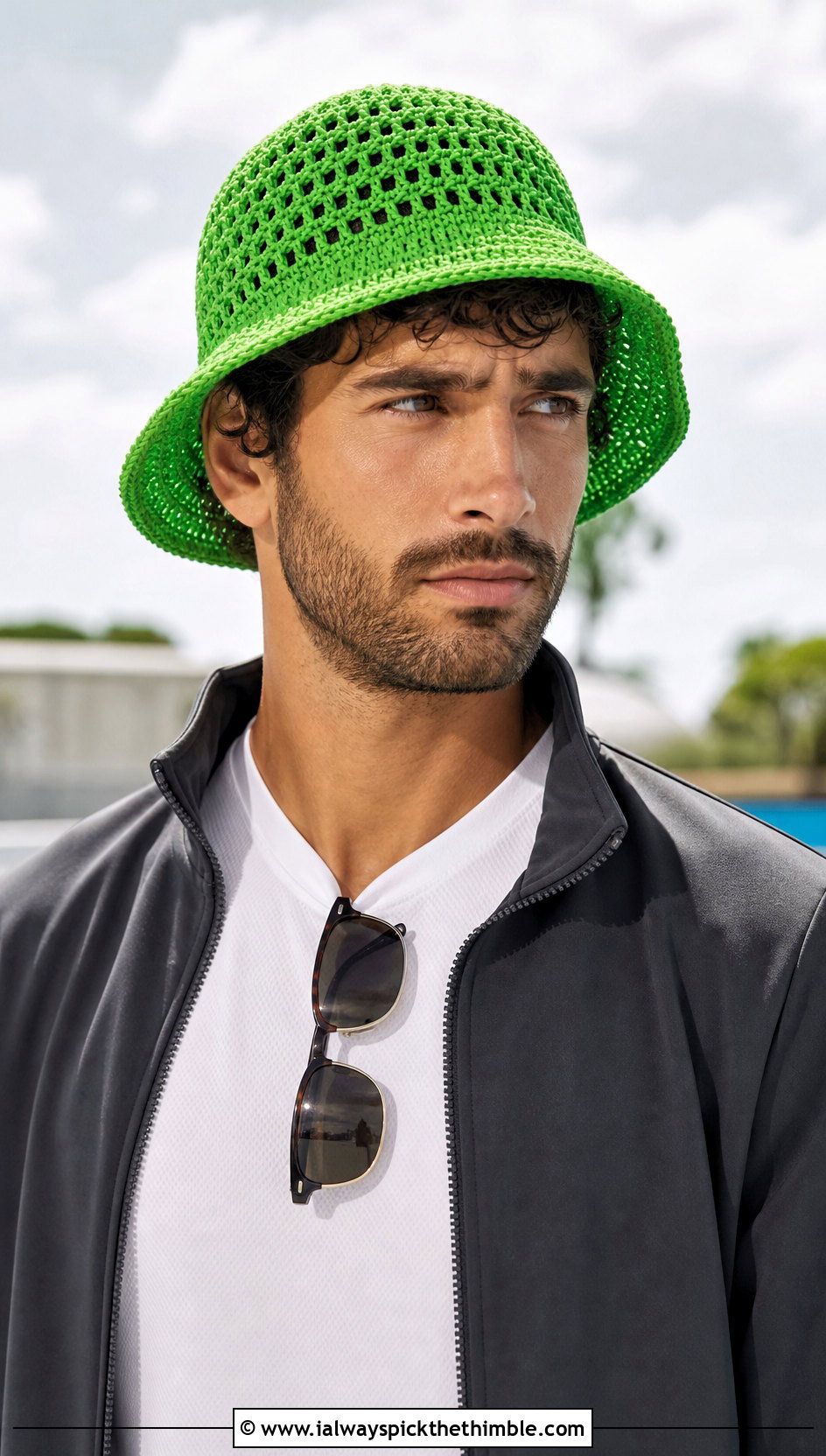 Mesh Crochet Bucket Hat With Track Jacket And Shorts - 25 crochet hat for men outfit ideas