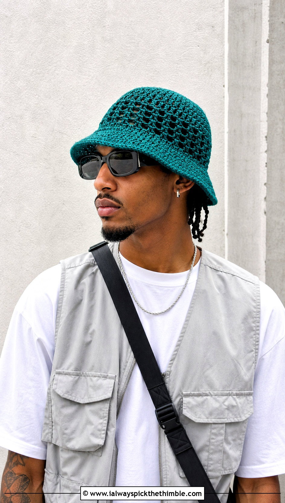 Mesh Crochet Bucket Hat With Utility Vest - 15 Easy Crochet Mens Hat outfit ideas