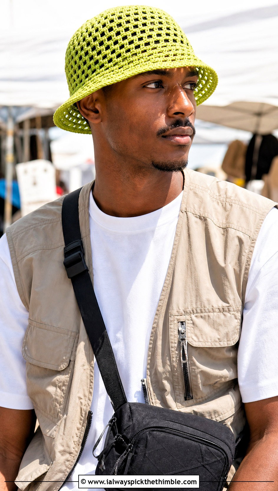 Mesh Crochet Bucket Hat With Utility Vest - 15 Crochet Mens Hats outfit ideas