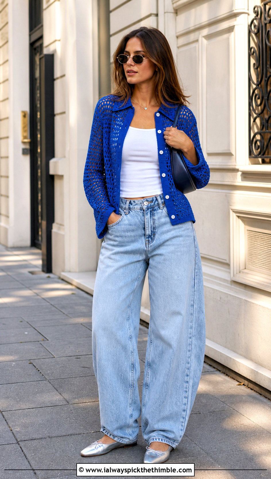 Mesh Crochet Button Down Shirt With Barrel Jeans - 25 crochet shirts outfit ideas