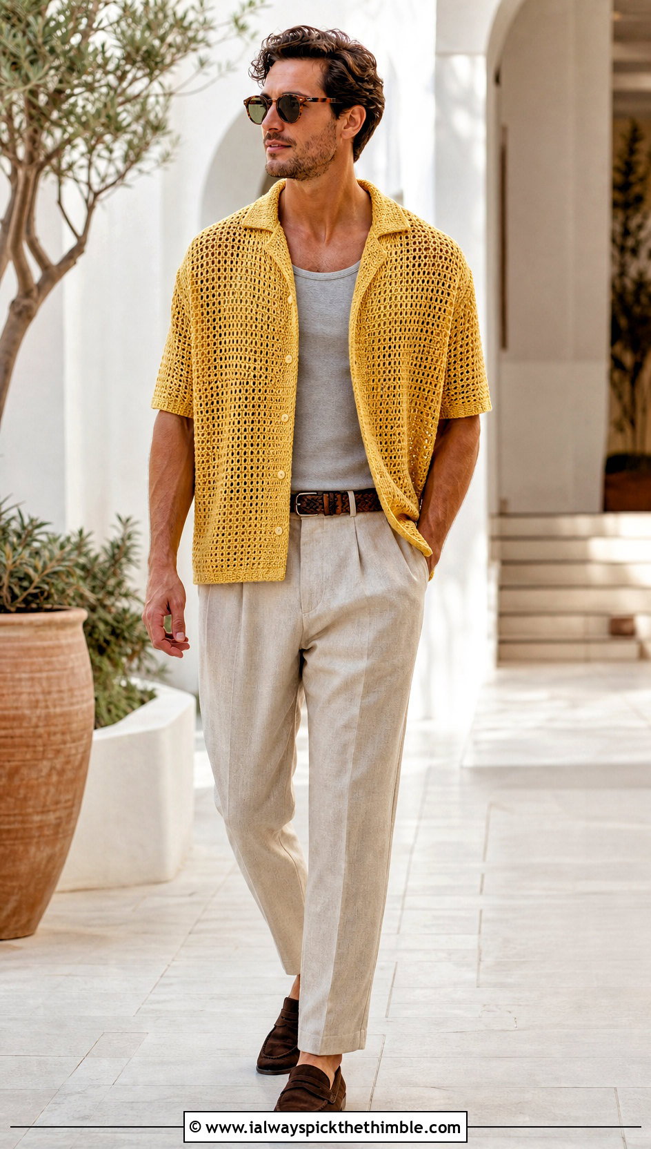 Mesh Crochet Camp Collar Shirt With Linen Trousers - 25 crochet man shirt outfit ideas