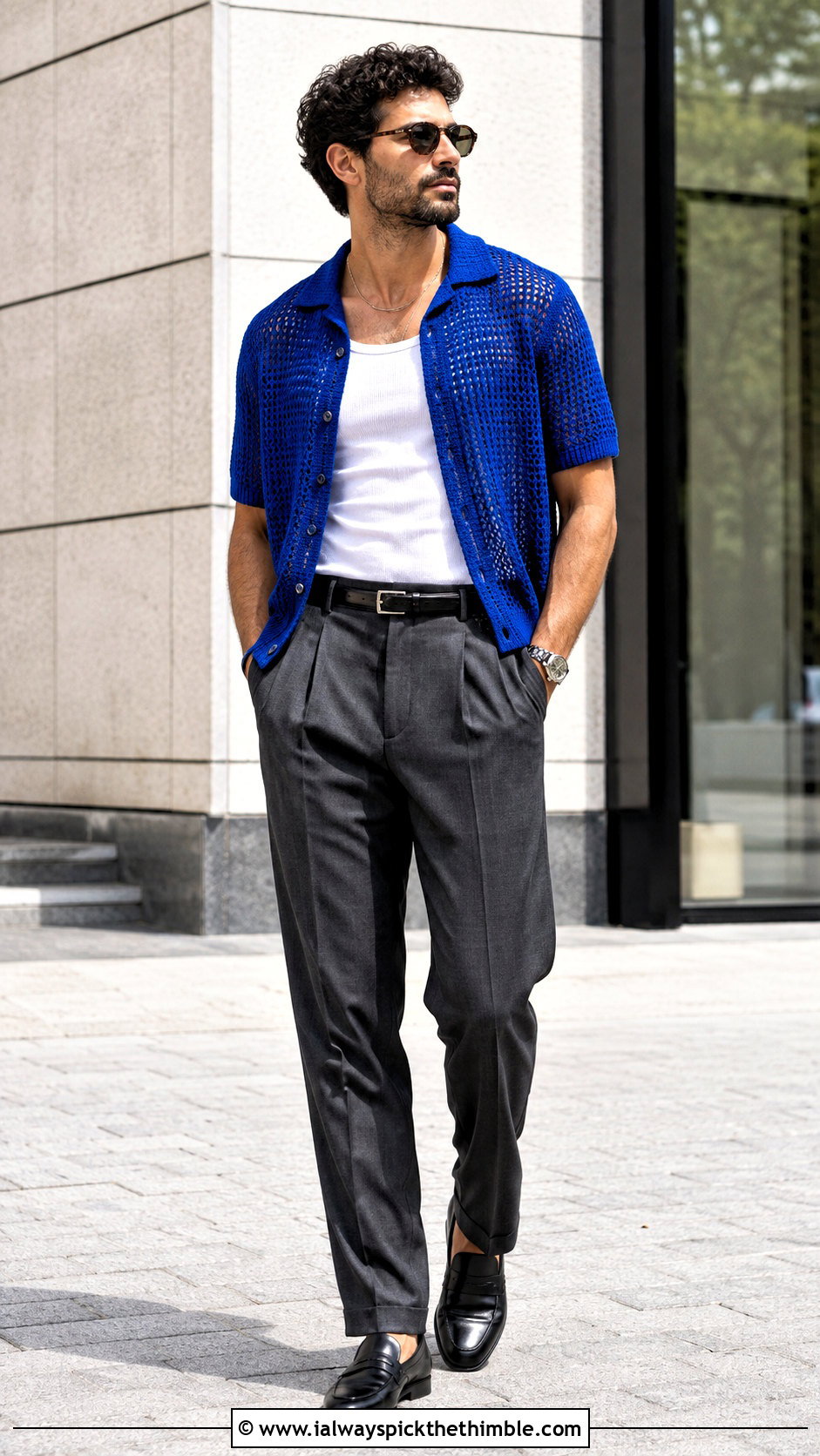 Mesh Crochet Camp Collar Shirt With Pleated Trousers - 25 crochet top men outfit ideas