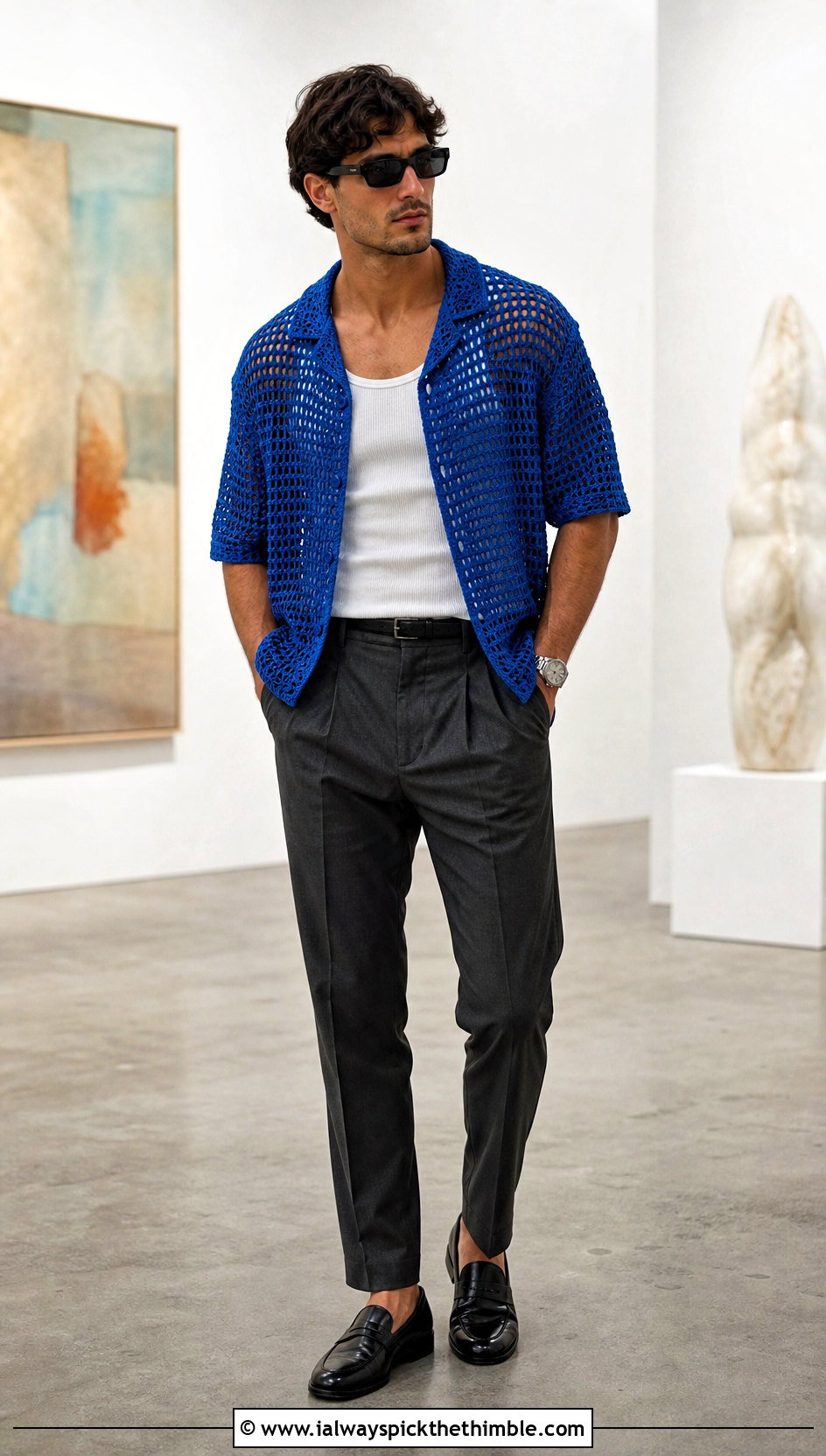 Mesh Crochet Camp Collar Shirt With Pleated Trousers - 20 men crochet top outfit ideas