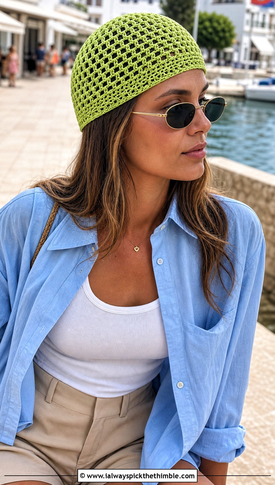 Mesh Crochet Cap With Shirt And Shorts - 25 crocheted hats outfit ideas