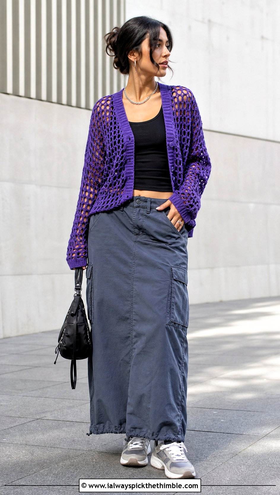 Mesh Crochet Cardigan With Cargo Maxi Skirt - 25 crochet cardigans for women outfit ideas