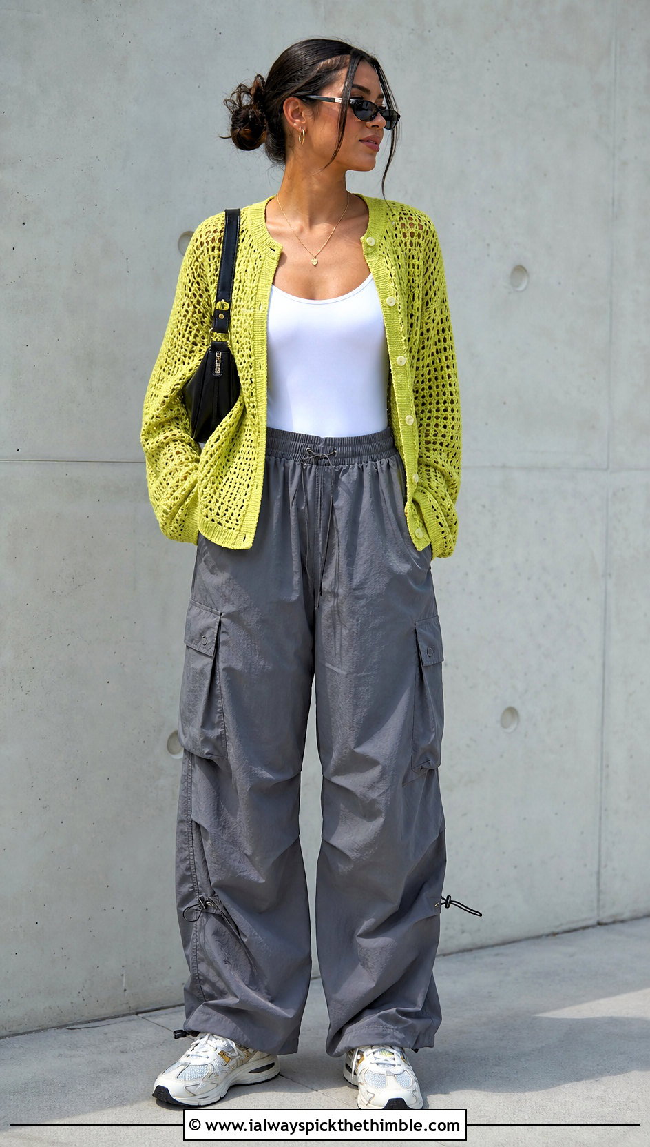 Mesh Crochet Cardigan With Cargo Pants - 20 Modern Crochet Cardigan outfit ideas