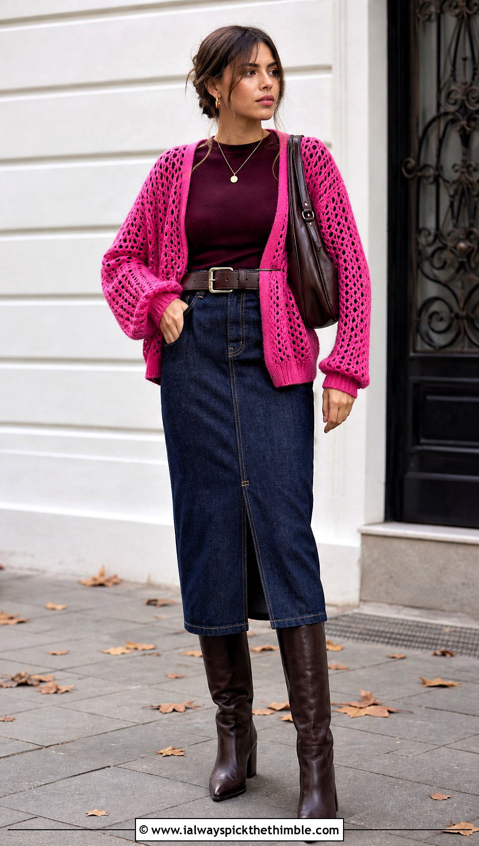 Mesh Crochet Cardigan With Denim Midi Skirt - 20 Autumn Crochet Cardigan outfit ideas