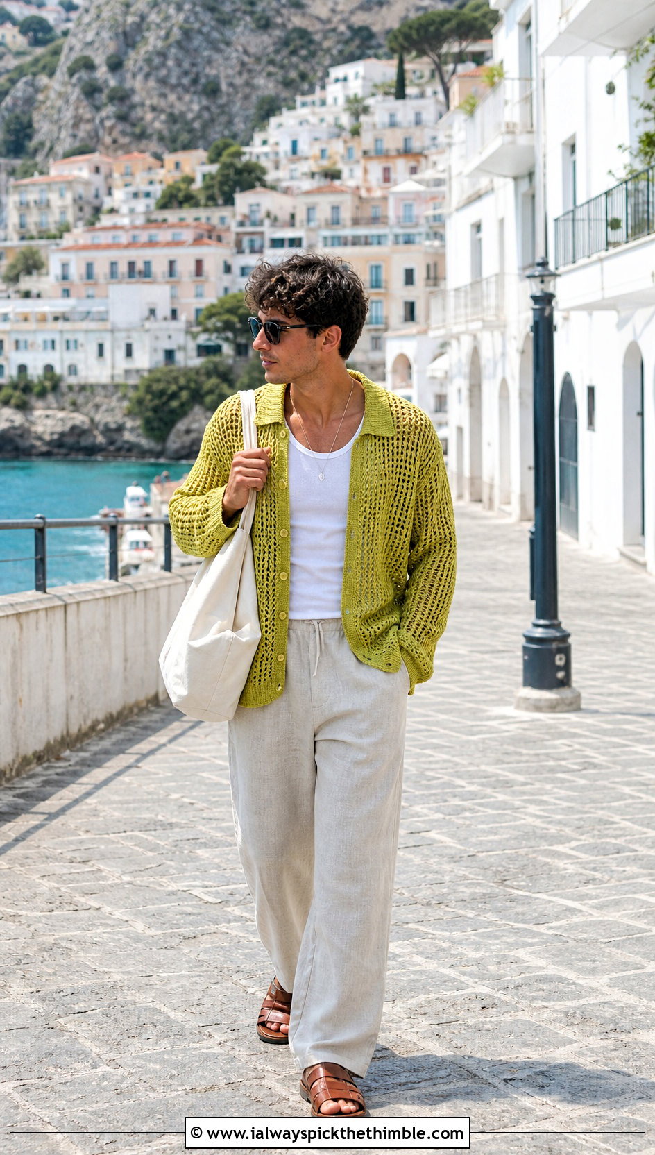Mesh Crochet Cardigan With Linen Trousers - 20 crochet man cardigan outfit ideas