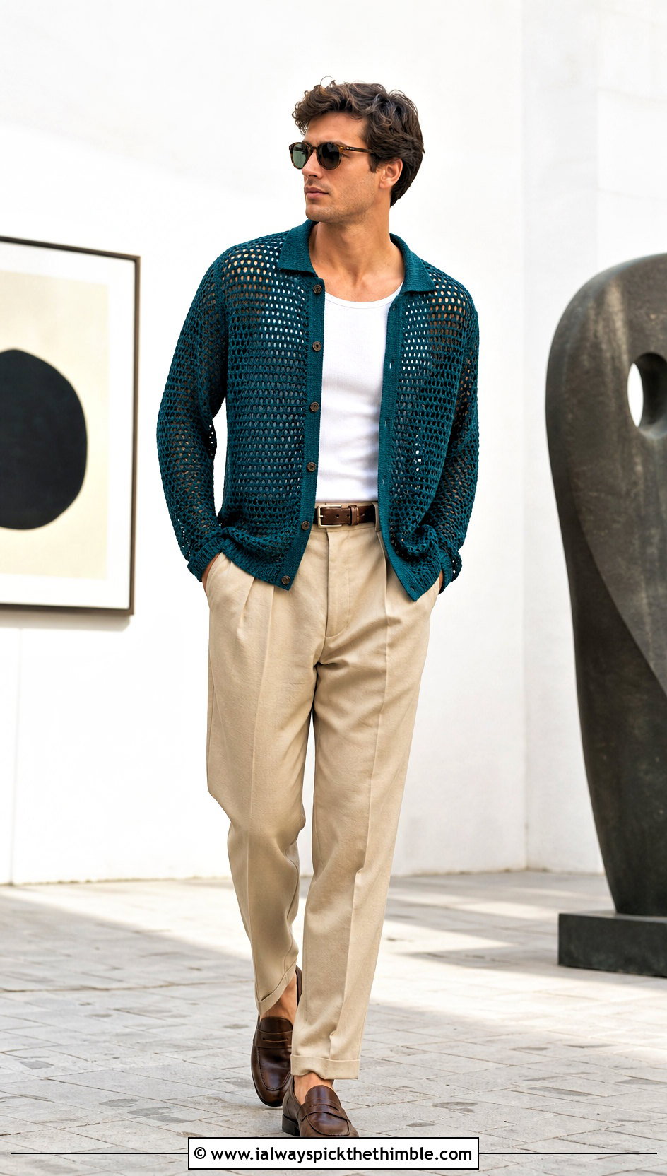 Mesh Crochet Cardigan With Pleated Trousers - 25 crochet cardigan men outfit ideas
