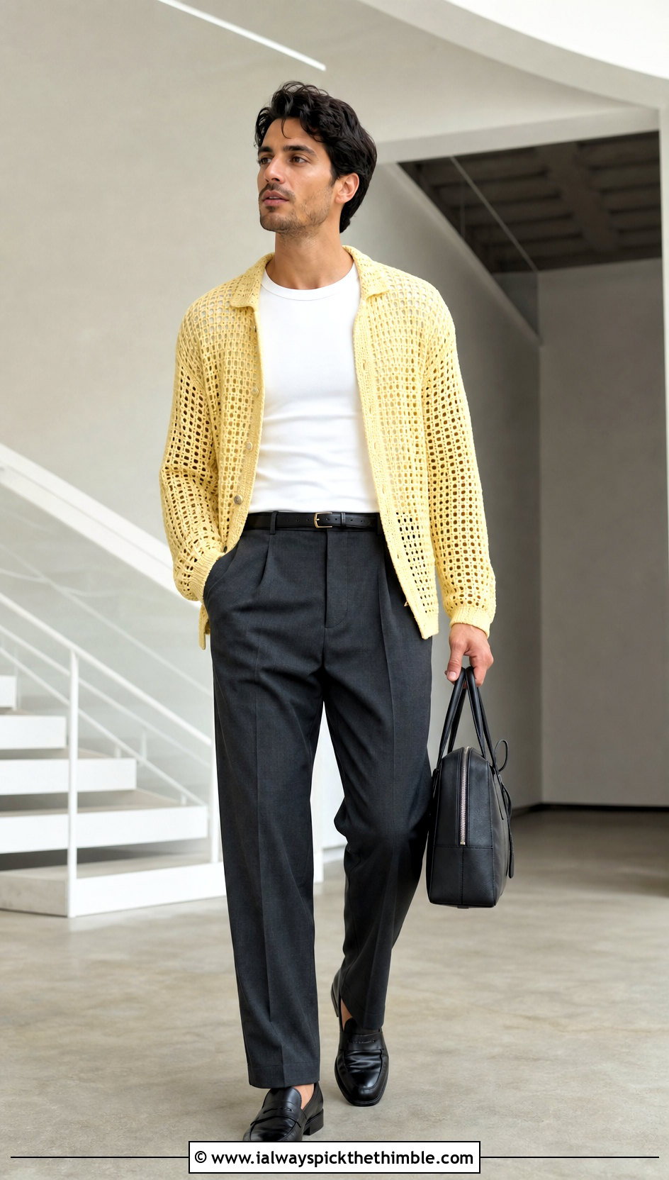 Mesh Crochet Cardigan With Pleated Trousers - 20 mens crochet cardigan sweater outfit ideas