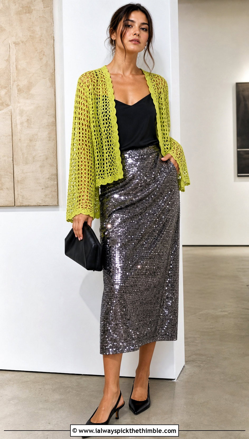 Mesh Crochet Cardigan With Sequin Midi Skirt - 20 bohemian crochet cardigan outfit ideas