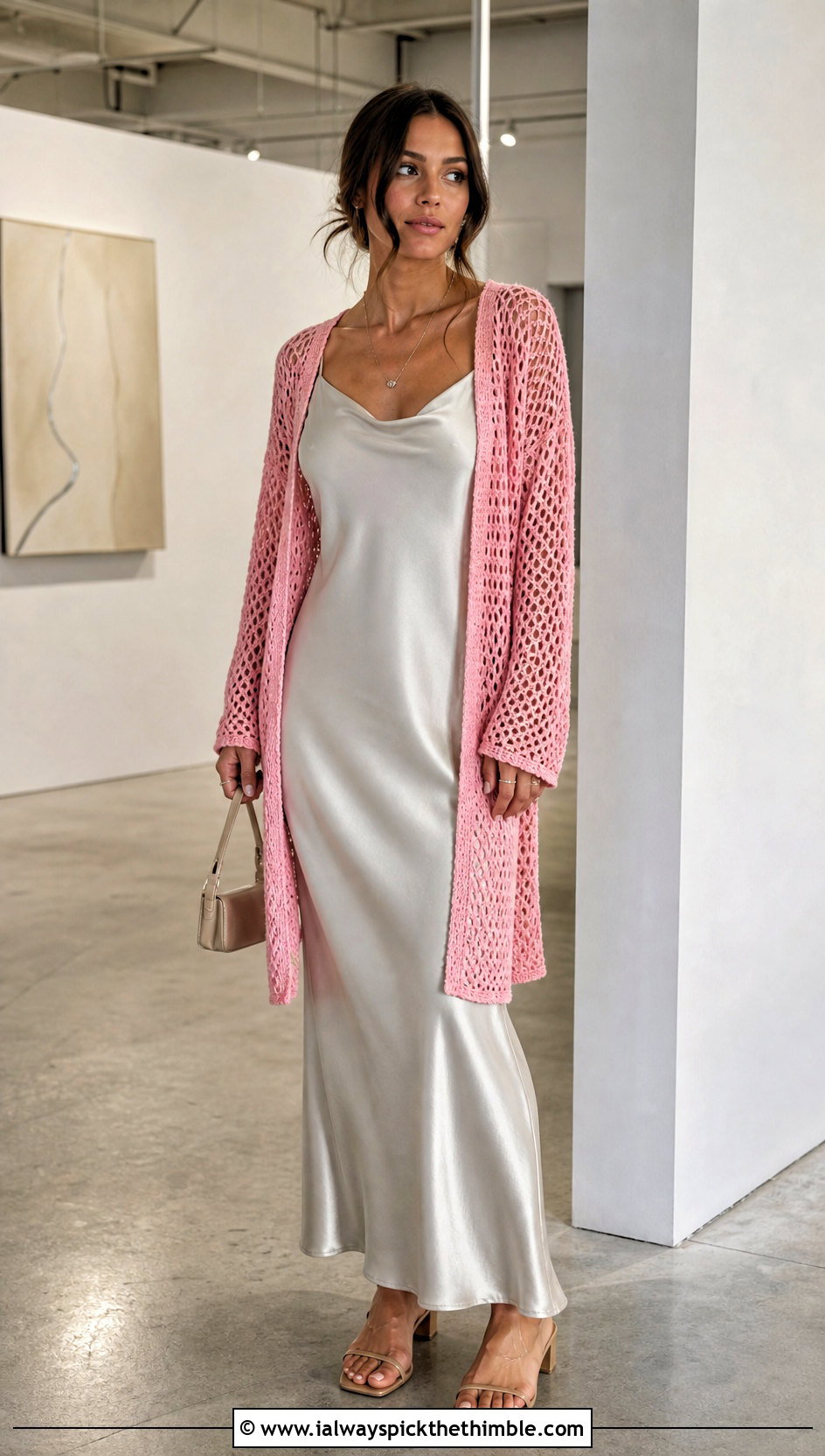 Mesh Crochet Cardigan With Slip Dress - 20 Crochet 90S Outfit ideas