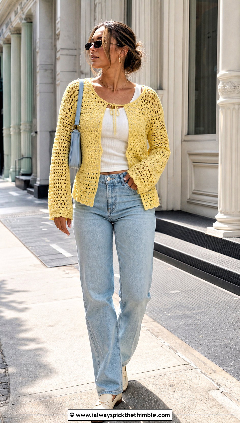 Mesh Crochet Cardigan With Straight Leg Jeans - 20 crochet spring cardigan outfit ideas