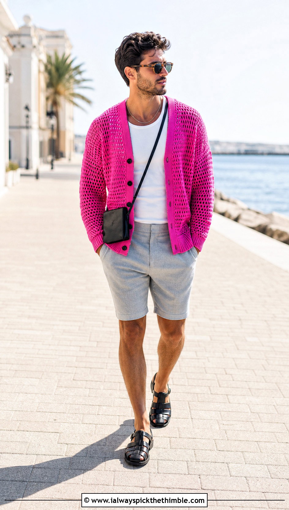 Mesh Crochet Cardigan With Tailored Shorts - 20 men's crochet cardigan outfit ideas