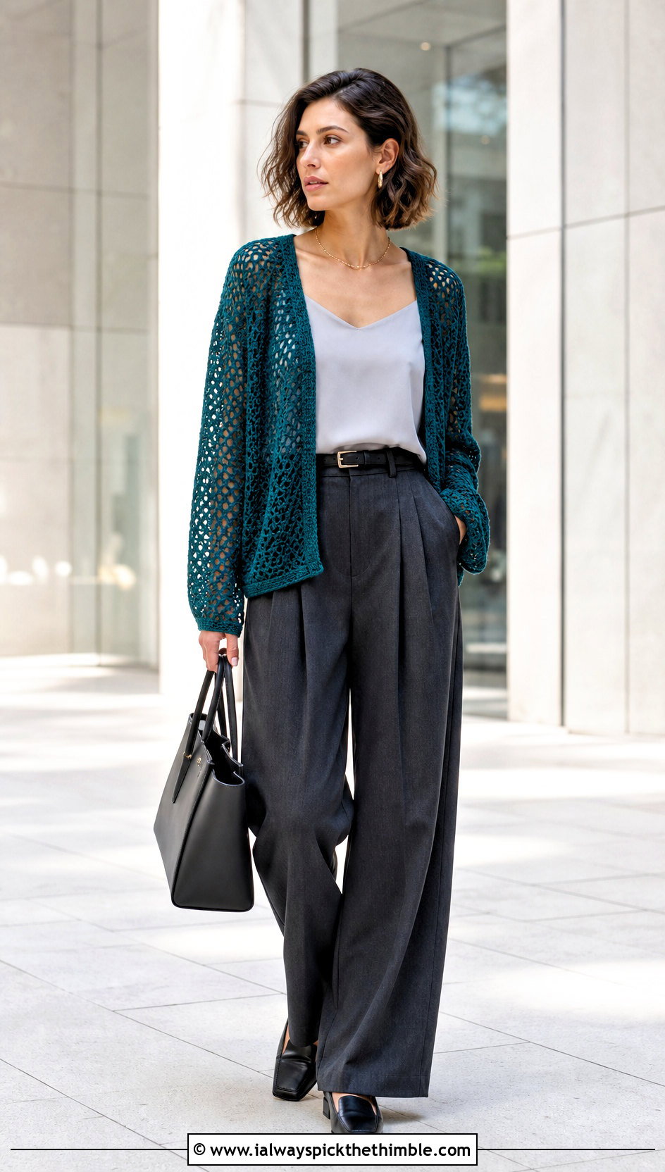 Mesh Crochet Cardigan With Tailored Trousers - 25 crochet cardigan outfit ideas