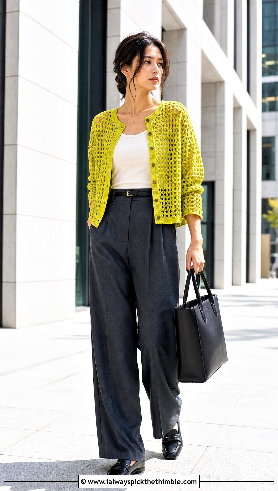 Mesh Crochet Cardigan With Tailored Trousers - 15 Aesthetic Crochet Cardigan outfit ideas