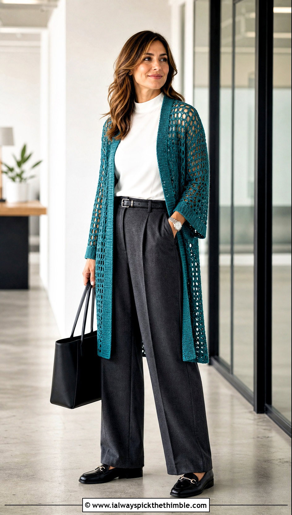 Mesh Crochet Cardigan With Tailored Work Pants - 20 Crochet Fancy Cardigan outfit ideas