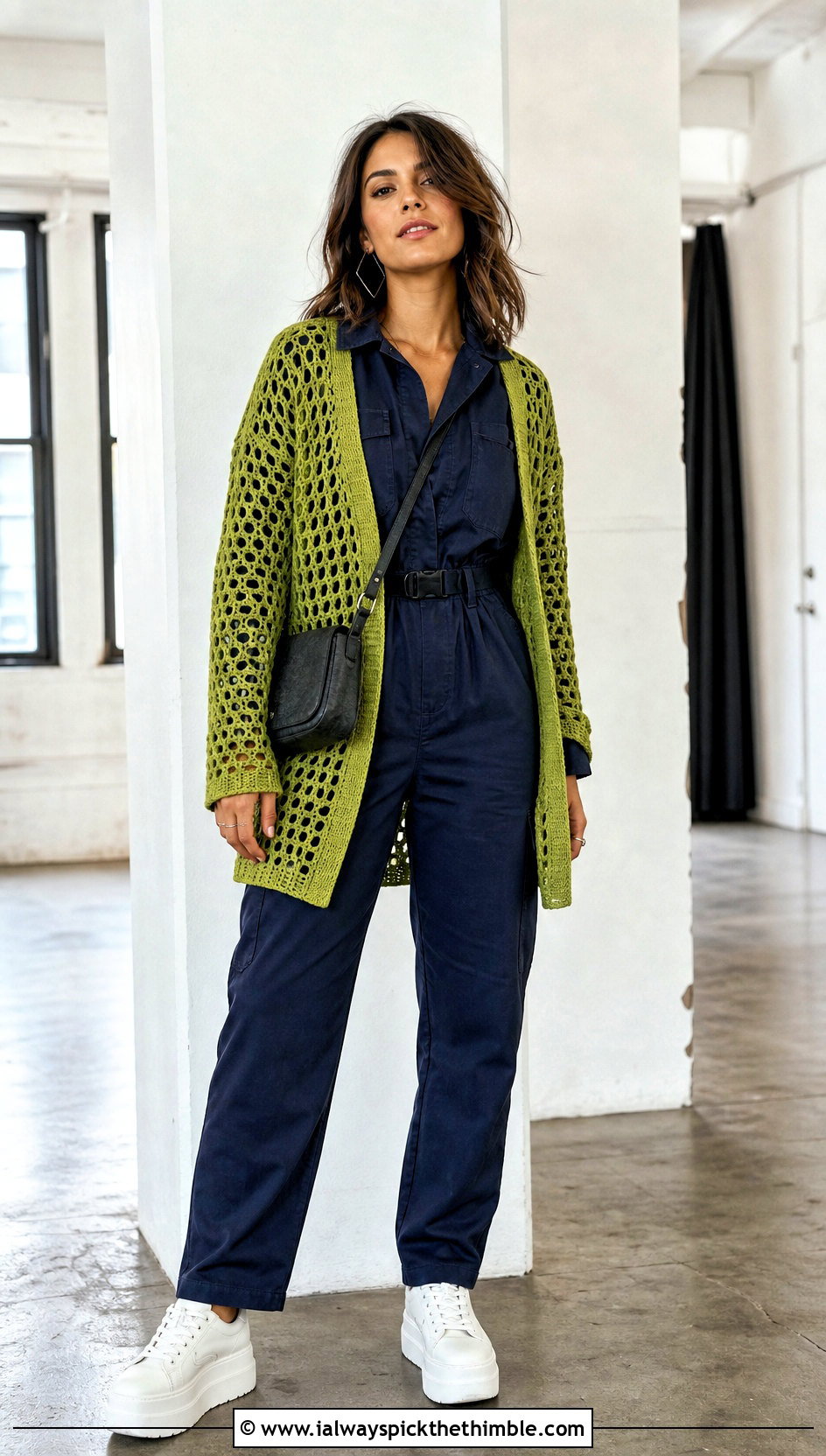 Mesh Crochet Cardigan With Utility Jumpsuit - 20 loose crochet cardigan outfit ideas