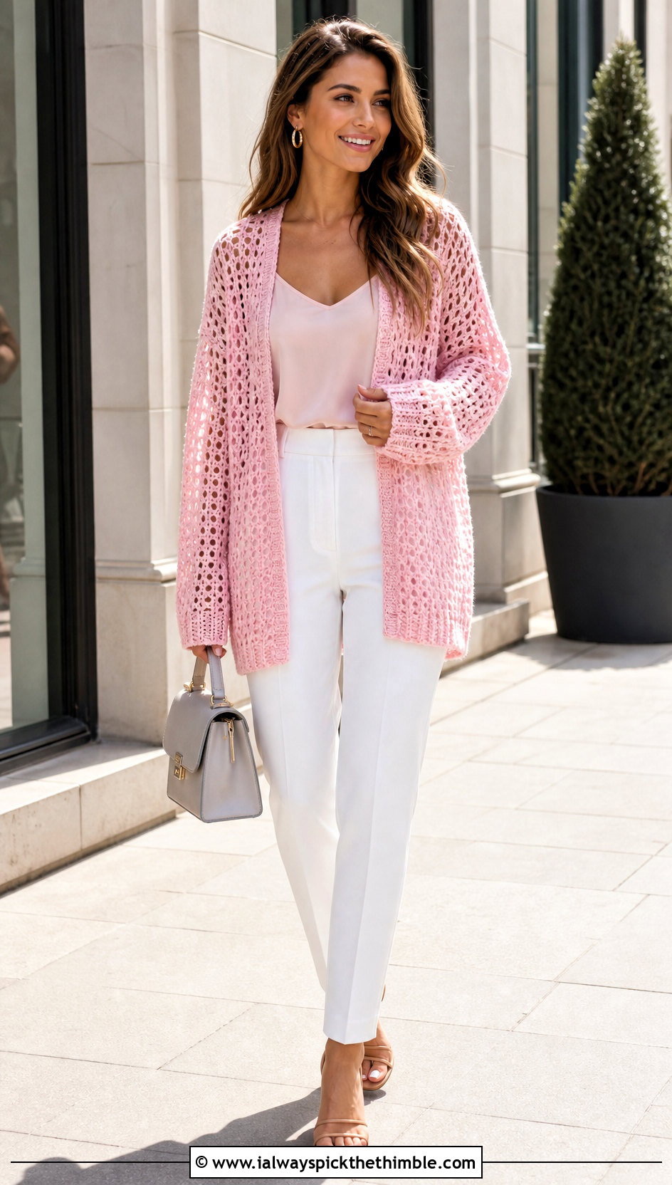 Mesh Crochet Cardigan With White Tailored Pants - 15 Couch Crochet Cardigan outfit ideas