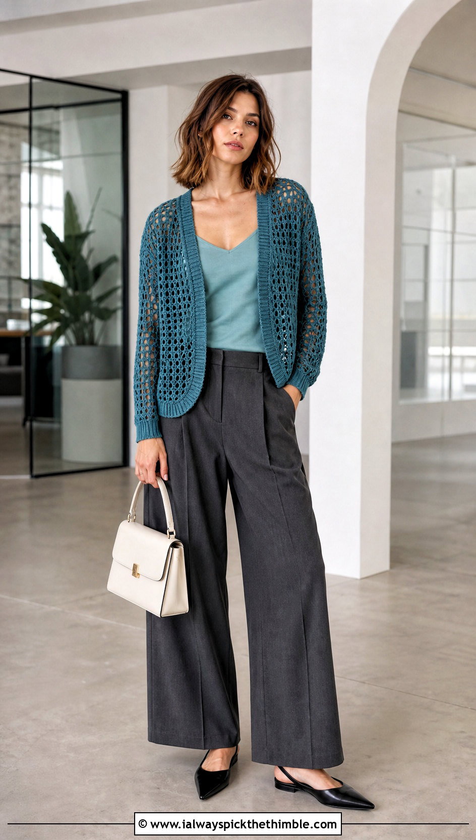 Mesh Crochet Cardigan With Wide Leg Trousers - 20 fast crochet cardigan outfit ideas