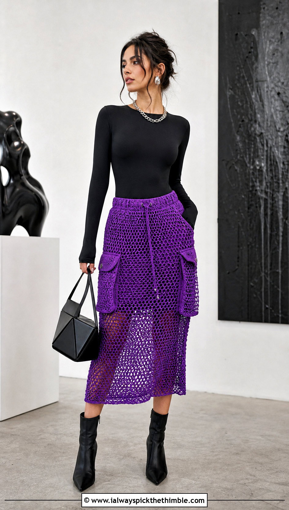 Mesh Crochet Cargo Skirt With Long Sleeve Bodysuit - 25 crochet cargo skirt outfit ideas