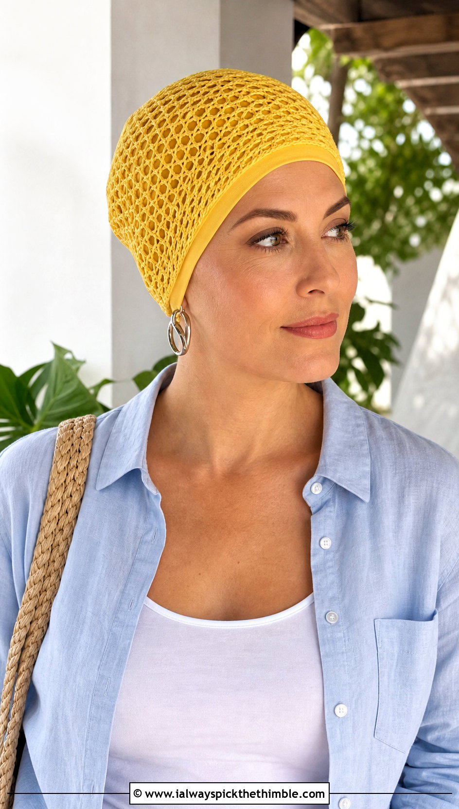 Mesh Crochet Chemo Cap With Linen Shirt And Pants - 20 Crochet Summer Chemo Caps outfit ideas