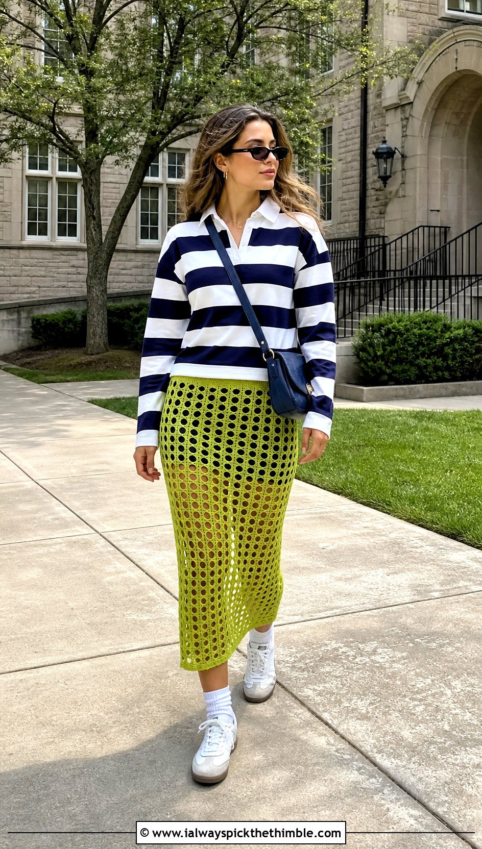 Mesh Crochet Circle Skirt With Rugby Shirt - 20 crochet circle skirt outfit ideas