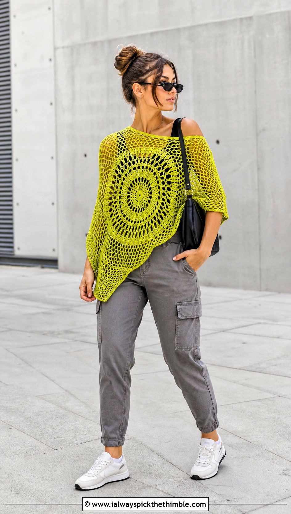 Mesh Crochet Circular Poncho With Tank And Cargo Pants - 20 Crochet Circular Poncho outfit ideas