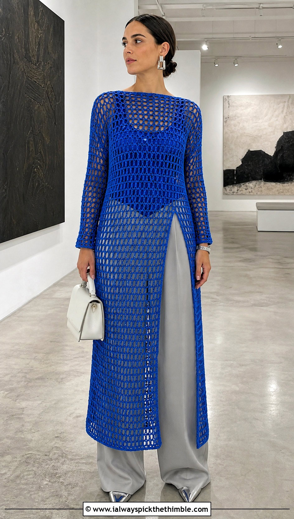 Mesh Crochet Column Dress With Tailored Trousers - 15 colorful crochet dress on hanger outfit ideas