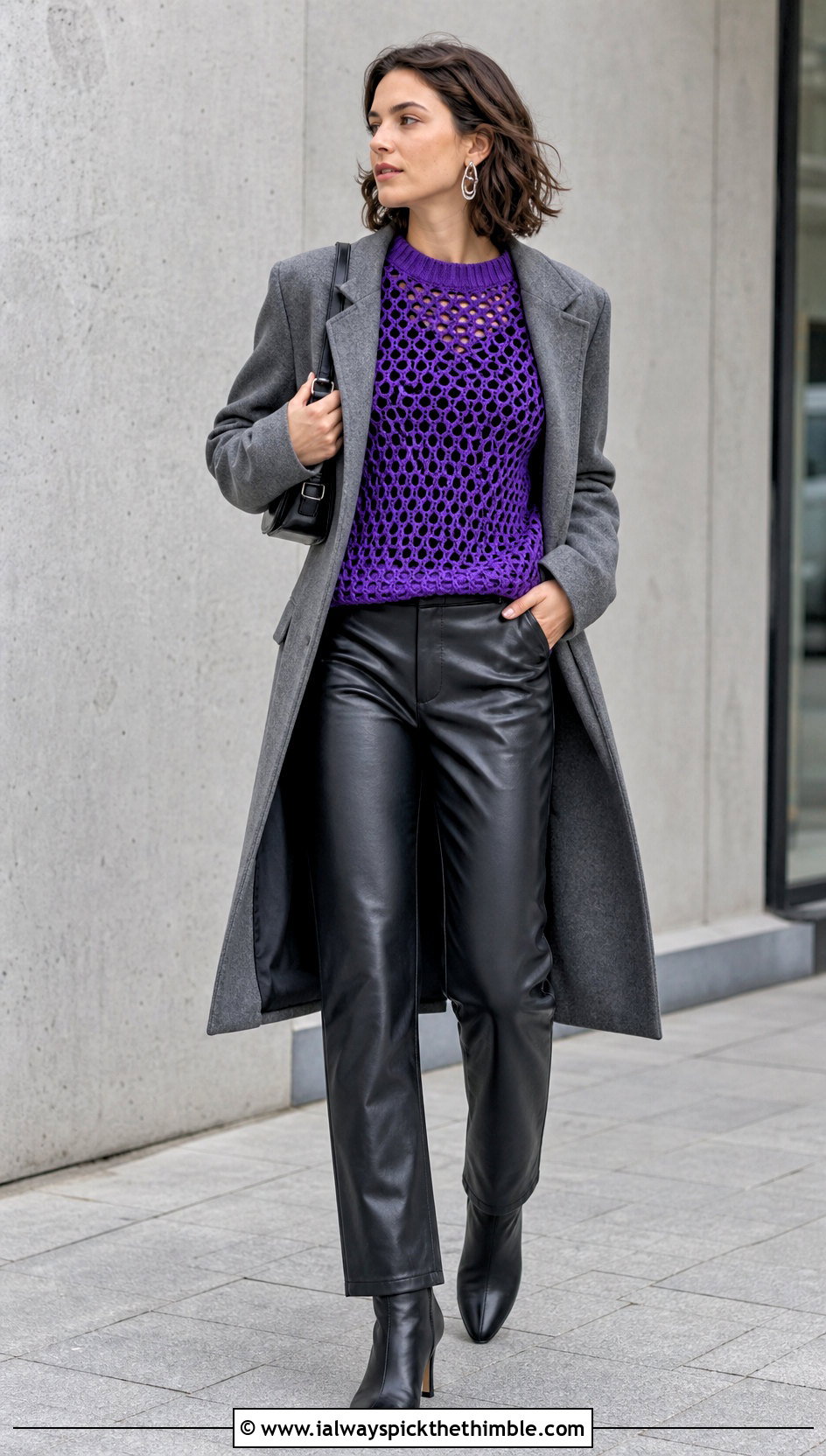 Mesh Crochet Crewneck Sweater With Leather Pants - 20 crochet winter sweater outfit ideas