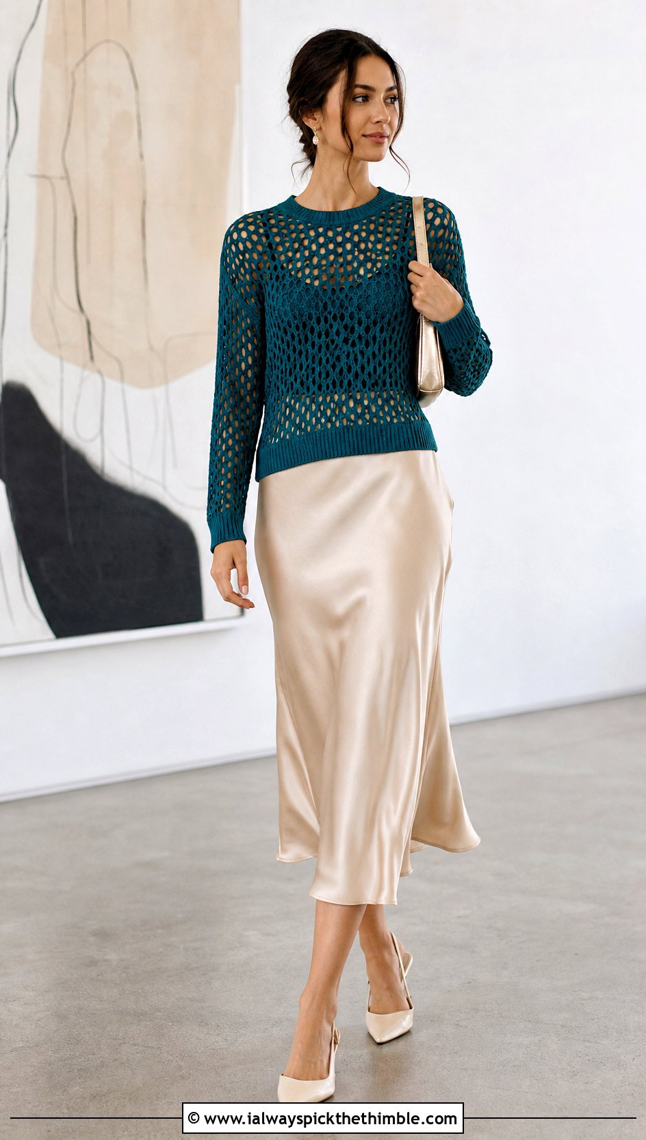 Mesh Crochet Crewneck Sweater With Satin Midi Skirt - 20 crochet crewneck sweater outfit ideas