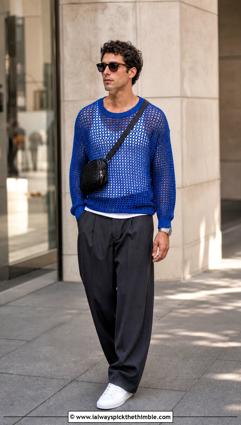 Mesh Crochet Crewneck Sweater With Wide Leg Trousers - 25 crochet man sweaters outfit ideas