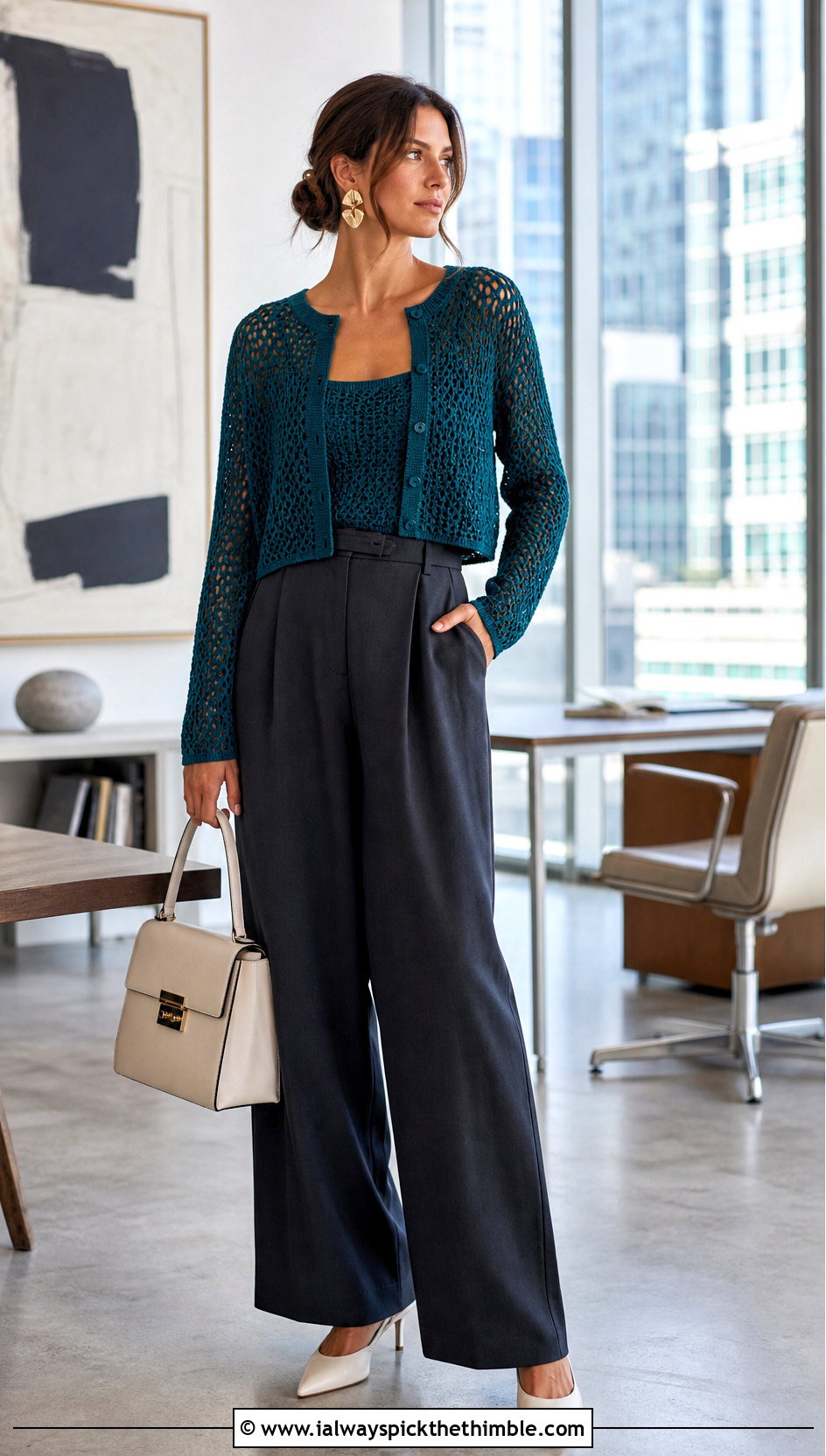 Mesh Crochet Crop Cardigan With Tailored Trousers - 20 crochet crop cardigan outfit ideas