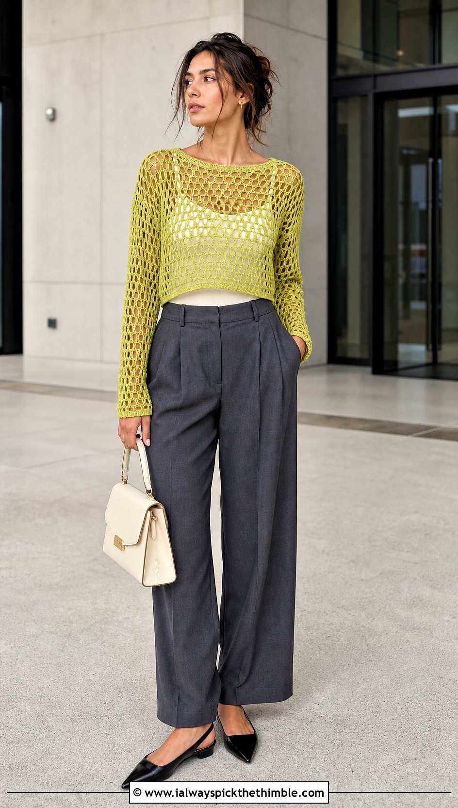 Mesh Crochet Crop Sweater With Wide Leg Trousers - 25 crochet crop sweater outfit ideas