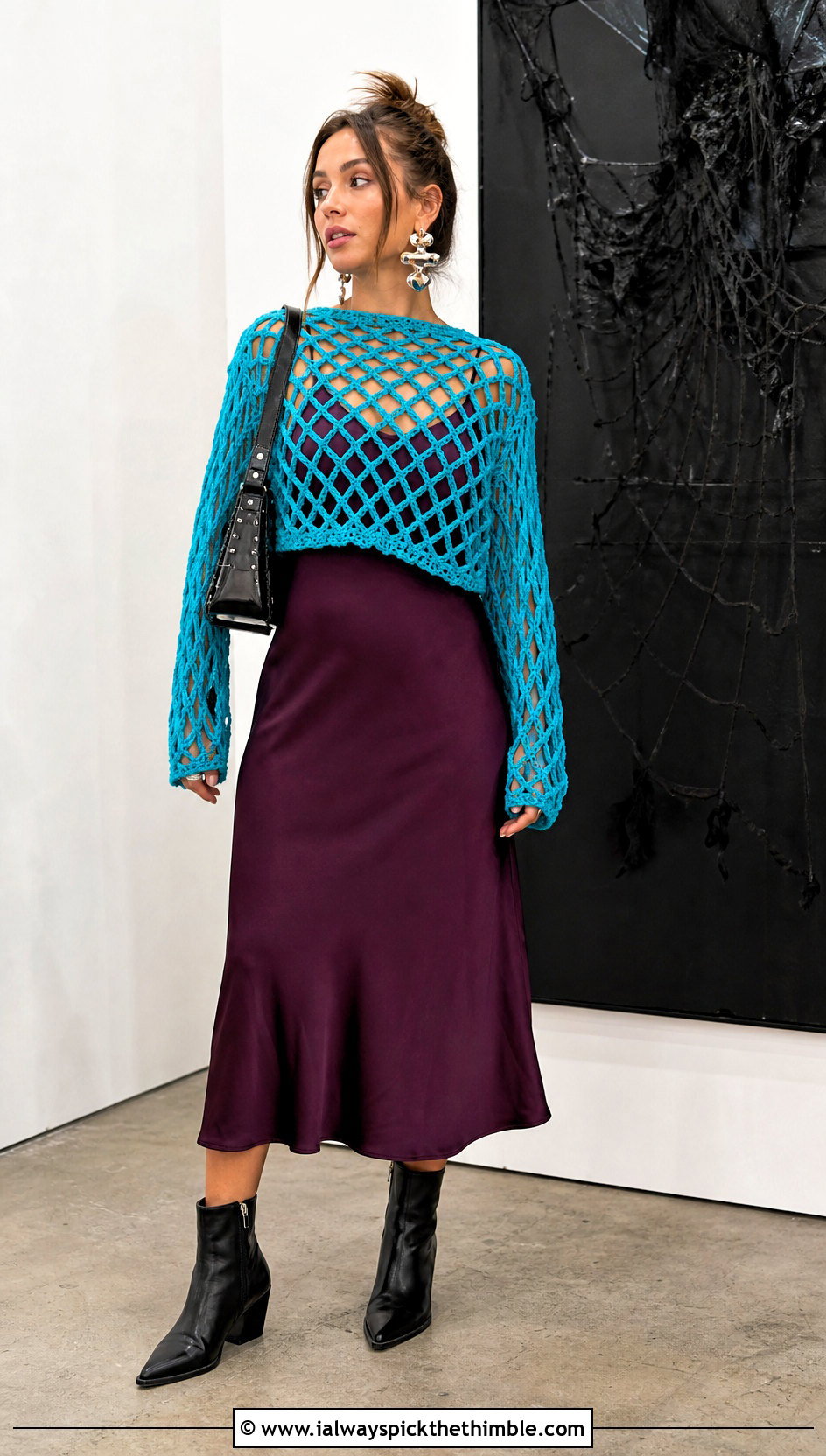 Mesh Crochet Crop Top Over A Slip Dress - 20 halloween crochet crop top outfit ideas