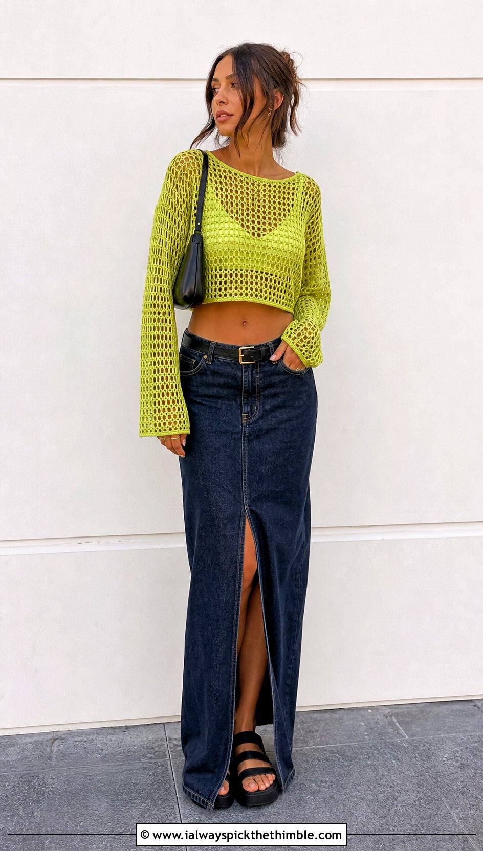 Mesh Crochet Crop Top With Denim Maxi Skirt - 15 crochet crop tops for women outfit ideas