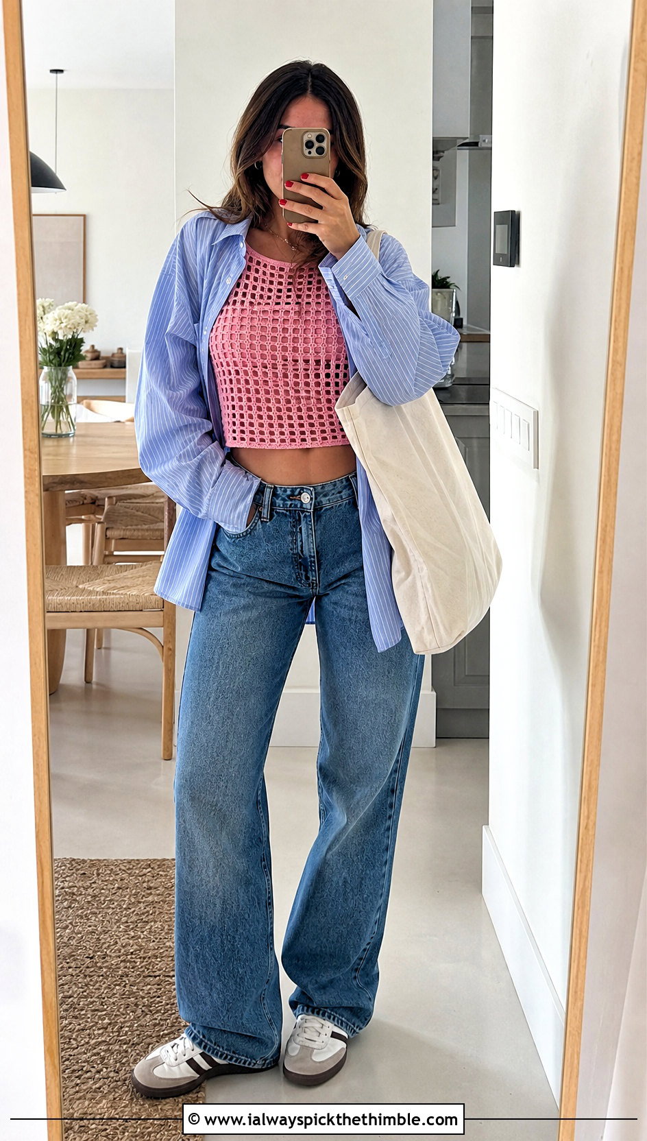 Mesh Crochet Crop Top With Oversized Shirt - 20 crocheting crop top outfit ideas