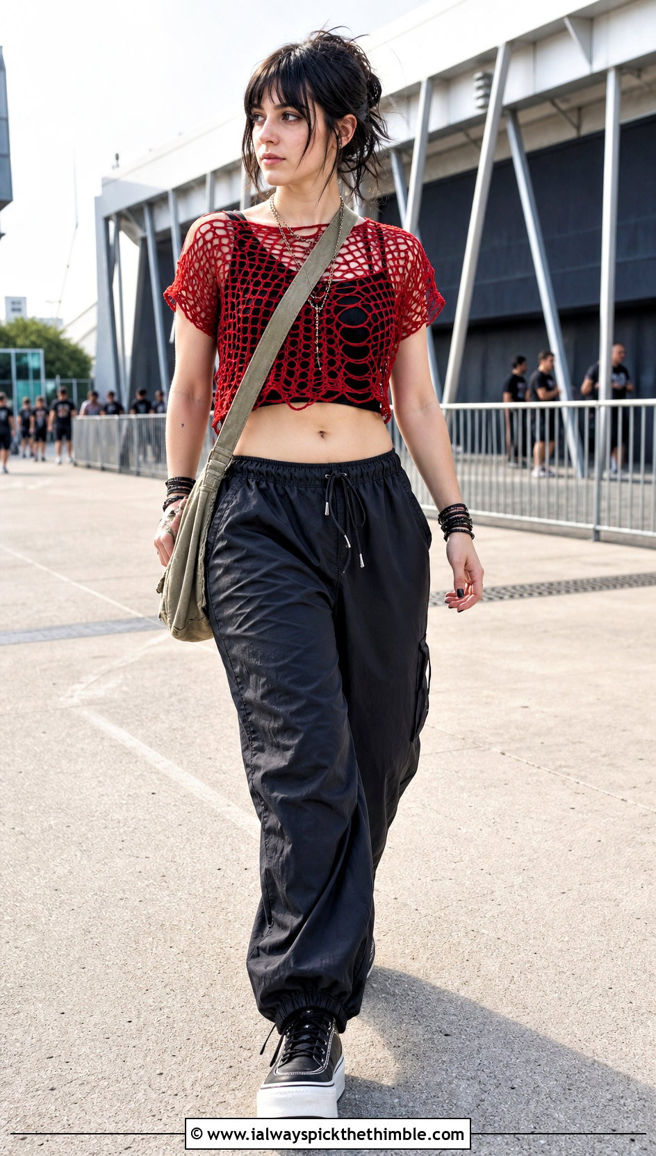 Mesh Crochet Crop Top With Parachute Pants - 20 emo crochet top outfit ideas