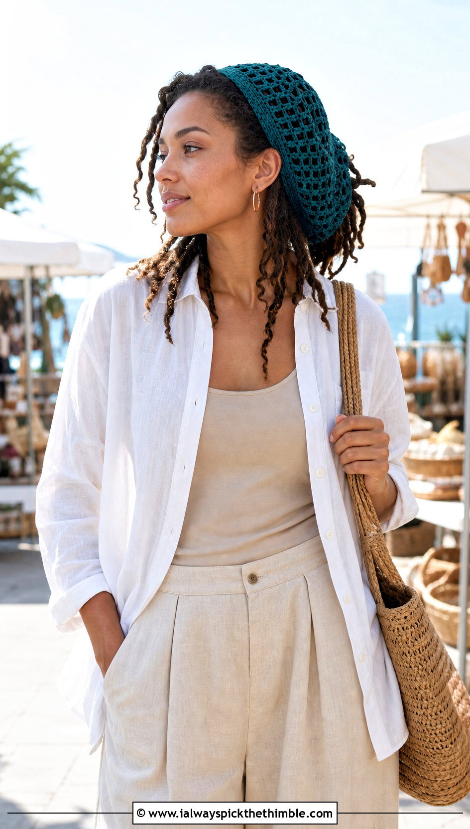 Mesh Crochet Dreadlock Tam With Linen Shirt And Wide Leg Pants - 20 Crochet Dreadlock Hat outfit ideas