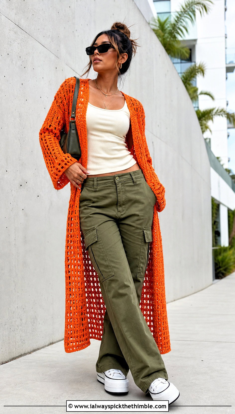 Mesh Crochet Duster Cardigan With Cargo Pants - 25 crochet duster cardigan outfit ideas