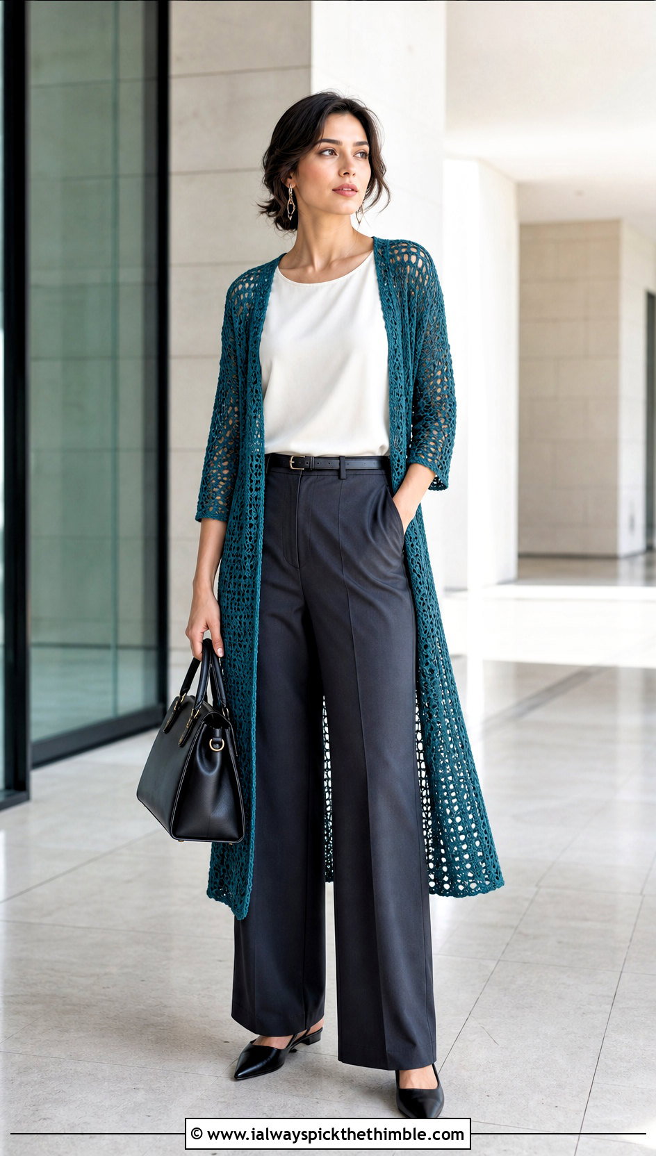 Mesh Crochet Duster Cardigan With Tailored Trousers - 20 crochet long cardigan sweater coats outfit ideas