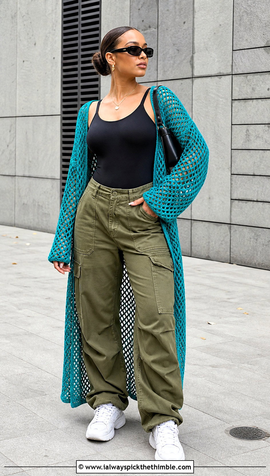 Mesh Crochet Duster With Bodysuit And Cargo Pants - 20 Easy Crochet Duster outfit ideas