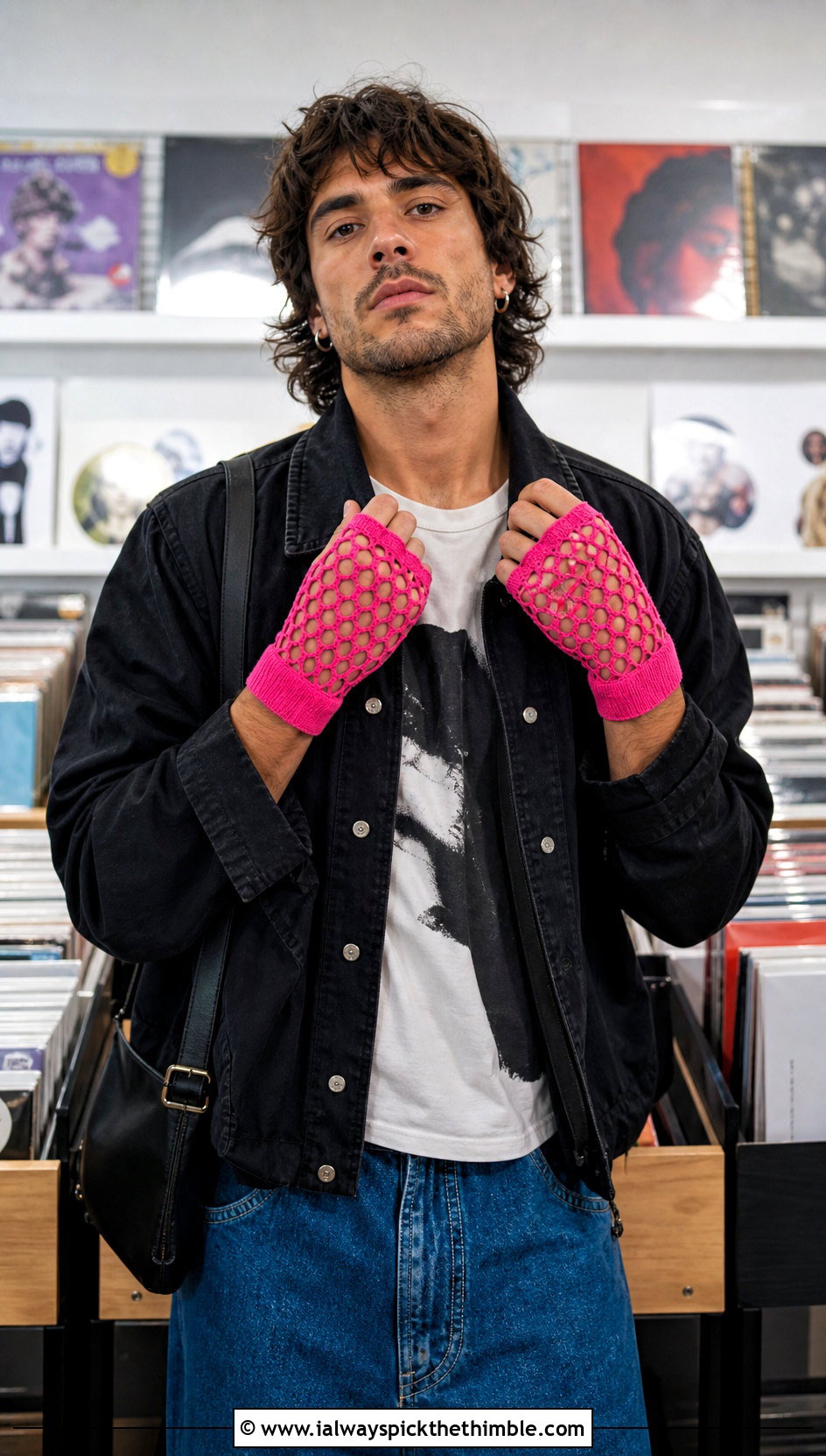 Mesh Crochet Fingerless Gloves With Graphic T Shirt - 20 Crochet Mens Fingerless Gloves outfit ideas