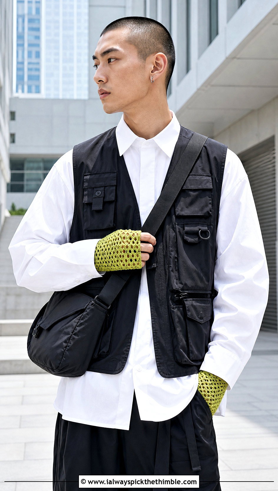 Mesh Crochet Fingerless Gloves With Utility Vest - 20 Crochet Mens Gloves outfit ideas