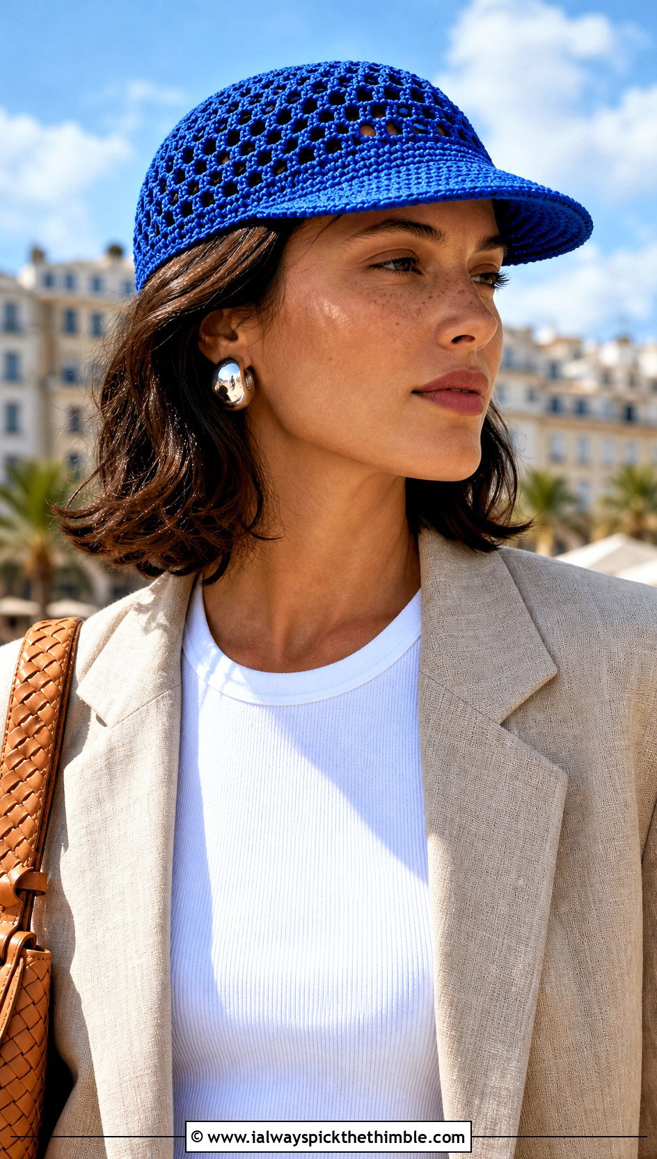 Mesh Crochet Flat Cap With Linen Suit - 20 crochet flat cap outfit ideas